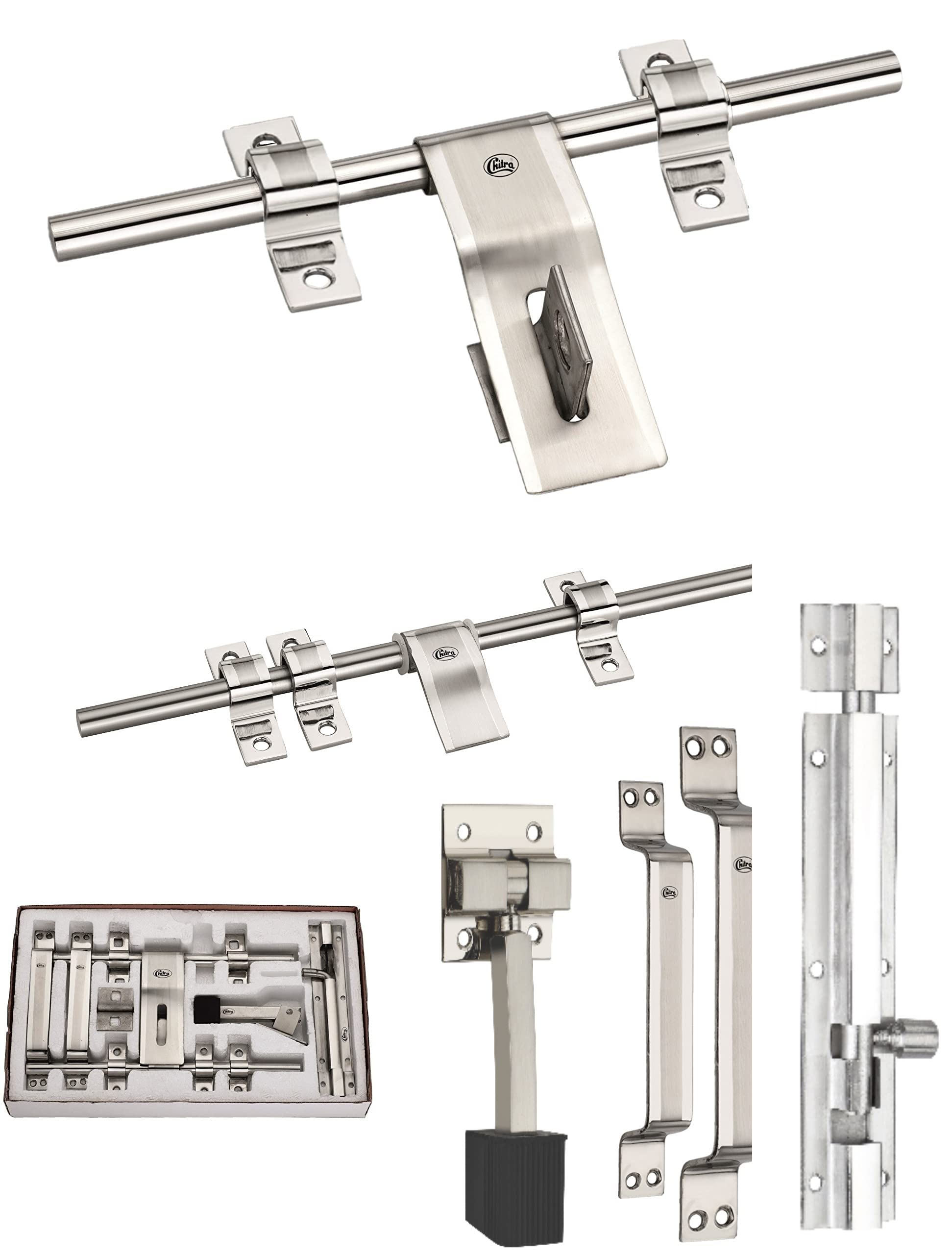 Chitra Wave Stainless Steel Heavy Door Fitting Accessories Full Set/Kit (1 Aldrop, 1 Latch, 2 Handles, 1 Tower Bolt and 1 Door Stopper) (10 Inch, Black) — Amazon image 12