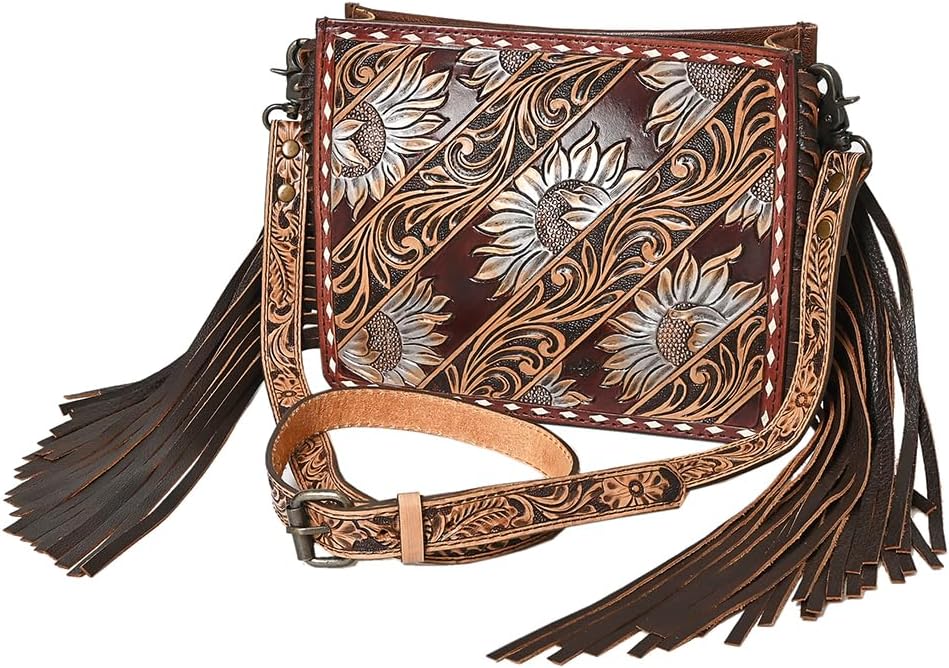 American Darling Messenger Bag Handcrafted from Hand Tooled Floral Carved Genuine Leather with Fringes and YKK Zipper