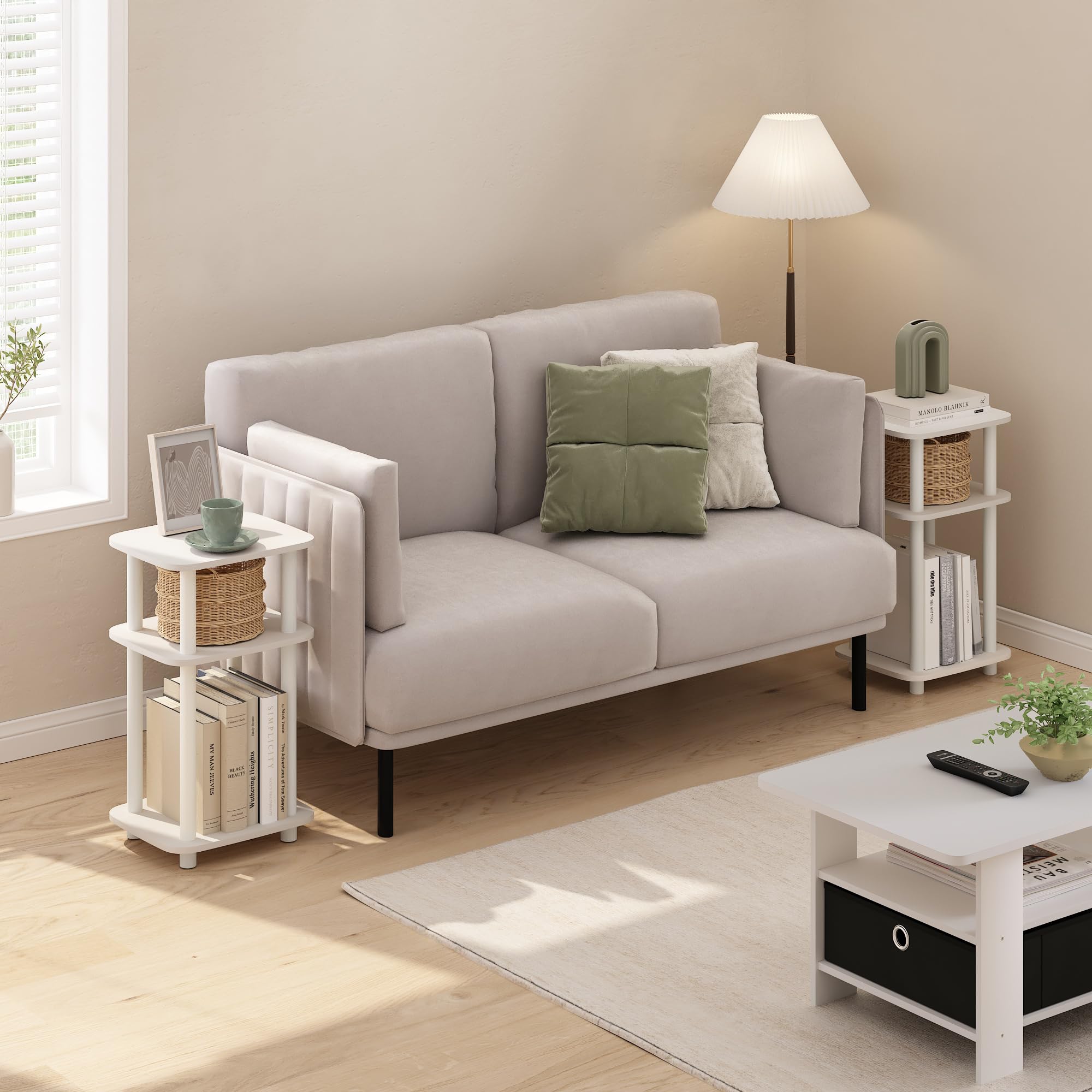 Furinno Just Juego de 2 mesas auxiliares de 3 Niveles con Estante Abierto y diseño Curvo Redondo, Color Blanco
