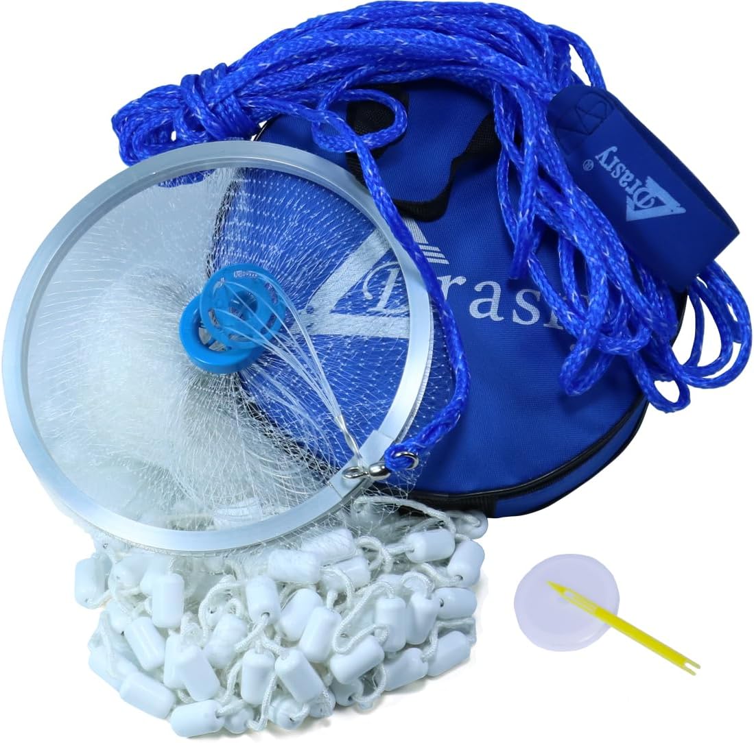 Drasry Fishing Cast Net with Aluminum Ring 3/8 or 1/2 Mesh for Saltwater Freshwater Bait Shrimp Trap Fish Throw Net Heavy Duty Sinker. Size 4FT/5FT/6FT/7FT Radius