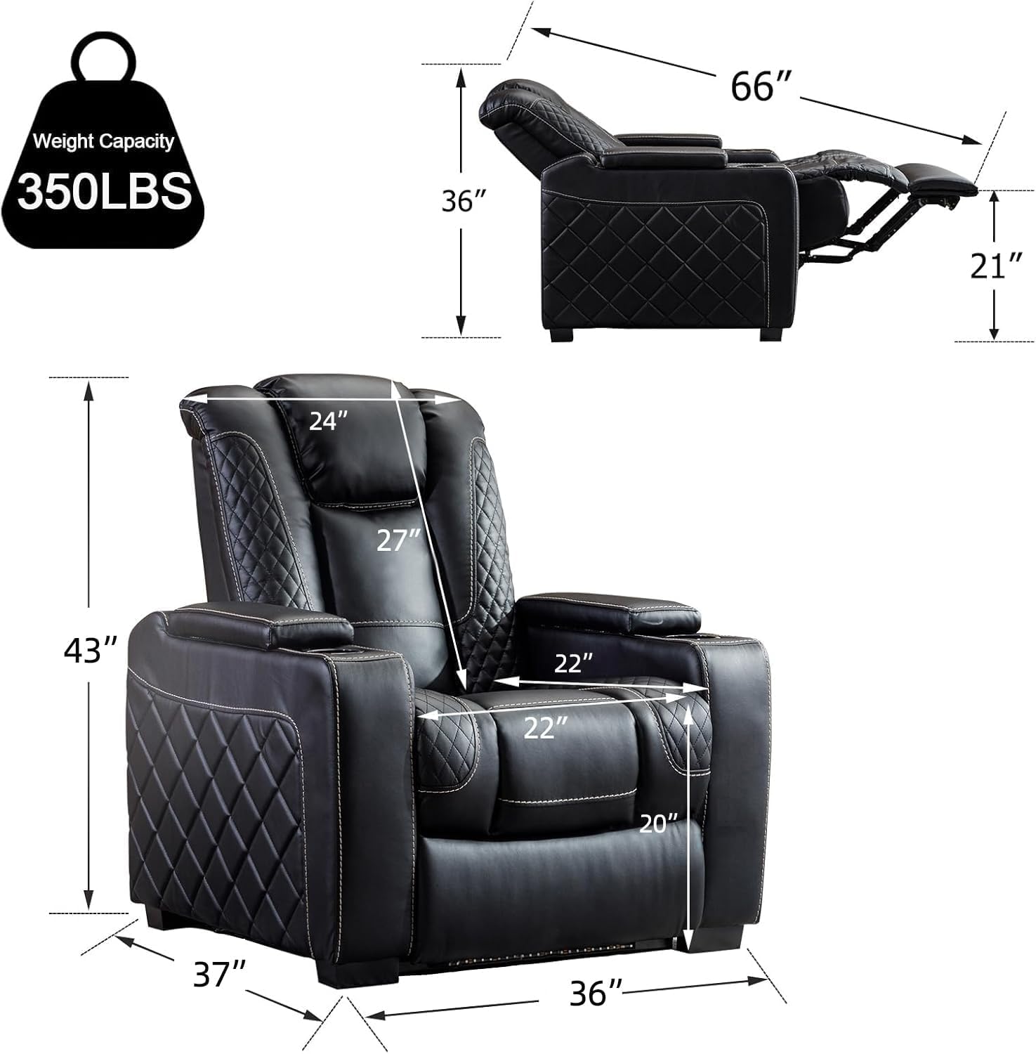 CANMOV Home Theater Seating Set of 5, Faux Leather Electric Power Recliner Chair with Ambient Lighting, Power Headrest, Lumbar Support, Cup Holders, Hidden Arm Storage, USB Ports, Black