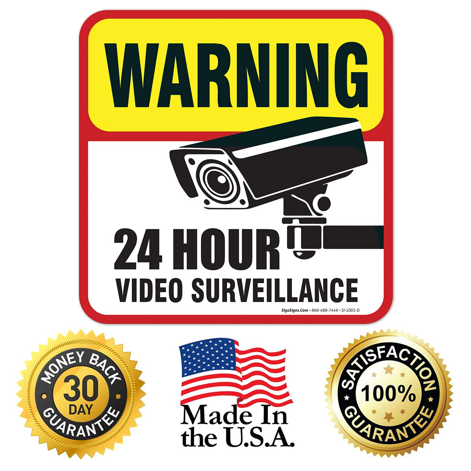 (4 unidades) 24 horas de vídeo vigilancia señal/de Vinilo Autoadhesivo "5 ½ x 5 ½" 4 Mil vinilo – uso interior y exterior – con protección UV y resistente al agua – elegante, esquinas redondeadas