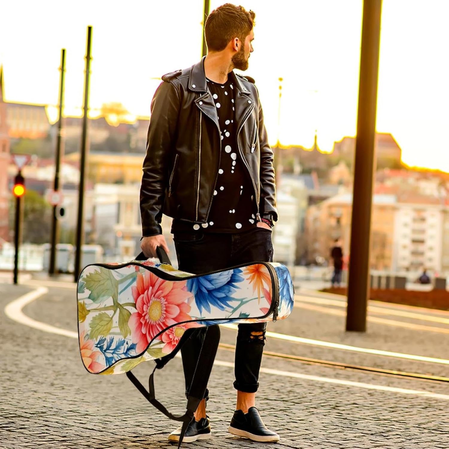 Acoustic Guitar Bag, 40 41 42 Inch Guitar Case Cover Soft Guitar Gig Bag for Acoustic Electric Bass Classical Guitar, Seamless Colorful Floral Background