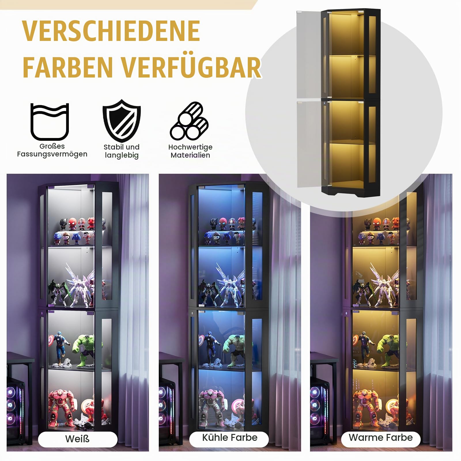 Eckvitrine mit Glastüren, Tall 165cm Eck Bücherregal mit 3 Farben Led Beleuchtung, 4-Ebenen Vitrinenschrank, Sammlervitrine für Wohnzimmer Schlafzimmer Büro, Schwarz