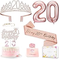 Vista 1 de Decoraciones de cumpleaños número 20 para mujer, banda y corona de cumpleaños, decoración de pastel y velas, globos de números, regalos de 20