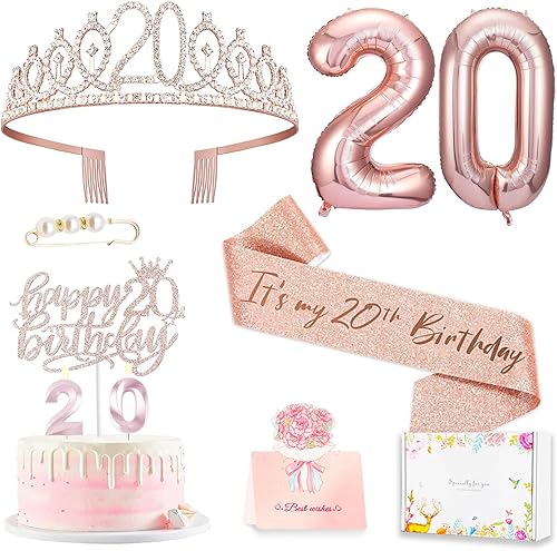 Decoraciones de 20 cumpleaños para mujer, banda y corona de cumpleaños, decoración de pastel y velas, tarjeta emergente, globos de números, regalos
