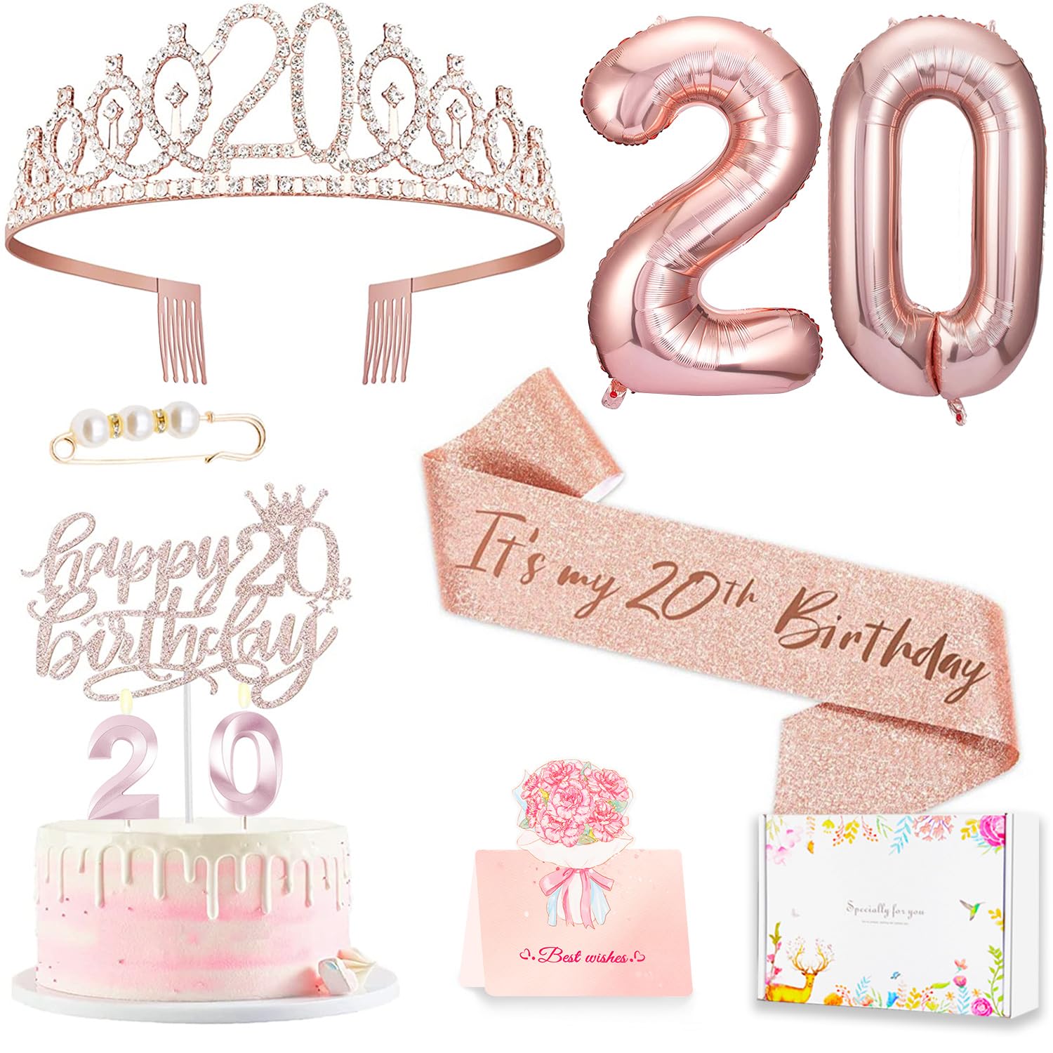 20th Birthday Decorations for Women, Birthday Sash and Crown, Cake Topper and Candles,Number Balloons, 20th Birthday Gifts for Women, 10pcs