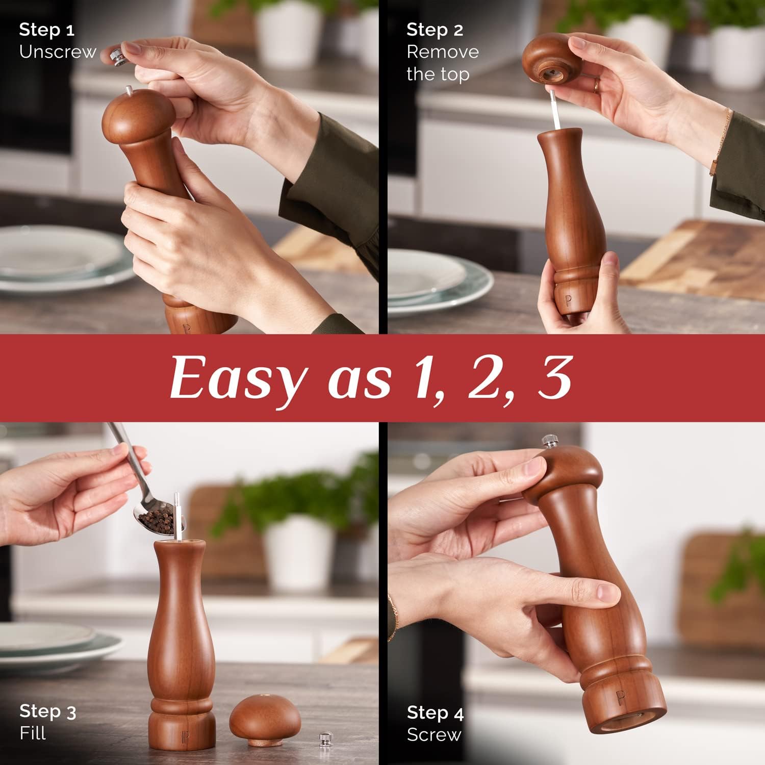 Wooden Salt and Pepper Grinder Set – Sleek, Refillable, 8 In., Oak Wood & Ceramic Salt and Pepper or Peppercorn Mill Grinders – Enjoy Fresh, Fine- or Coarse-Ground Spice & an Artistic Table by Medove