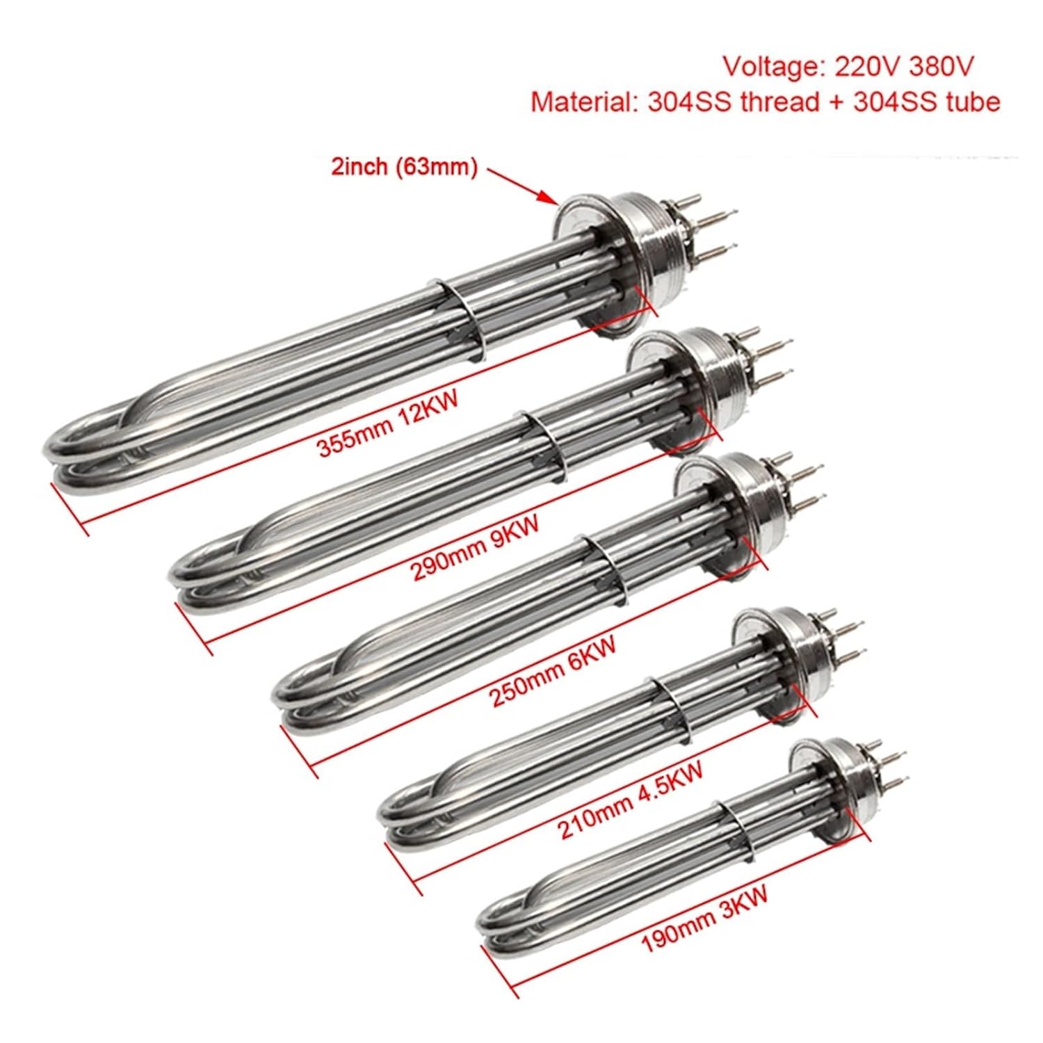 2" Tri-clamp(OD63) SUS304 Electric Heating Element Immersion Water Heater with Bakelite Cover 220V/380V 3/4.5/6/9/12KW