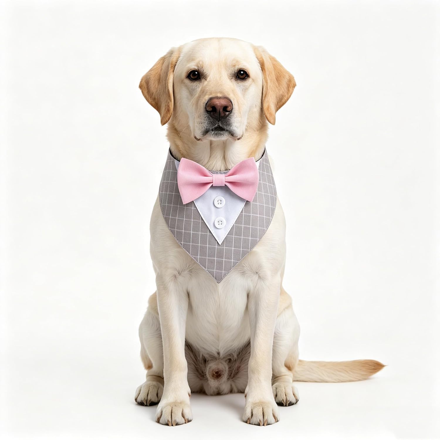 Dog Tuxedo Bandana Adjustable Collar, Grey Plaid Formal Pet Triangle Bib with Pink Bow Tie, Neckerchief for Wedding Birthday Dress-up Cosplay Party (S) image 4