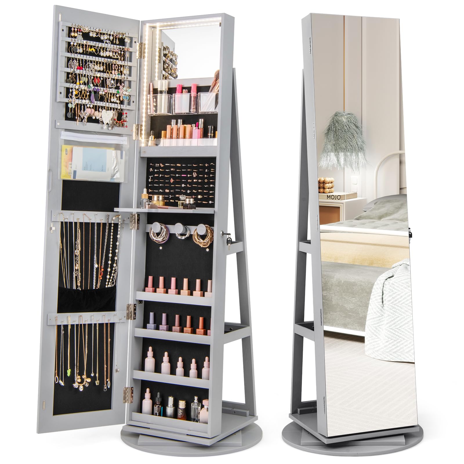 COSTWAY 360° Swivel Jewelry Cabinet, Lockable Jewelry Armoire Storage Unit with Full-Length Mirror & 3-Color Auto-on LED Lights, Home Bedroom Dressing Room Cosmetics Jewellery Organiser (Grey)