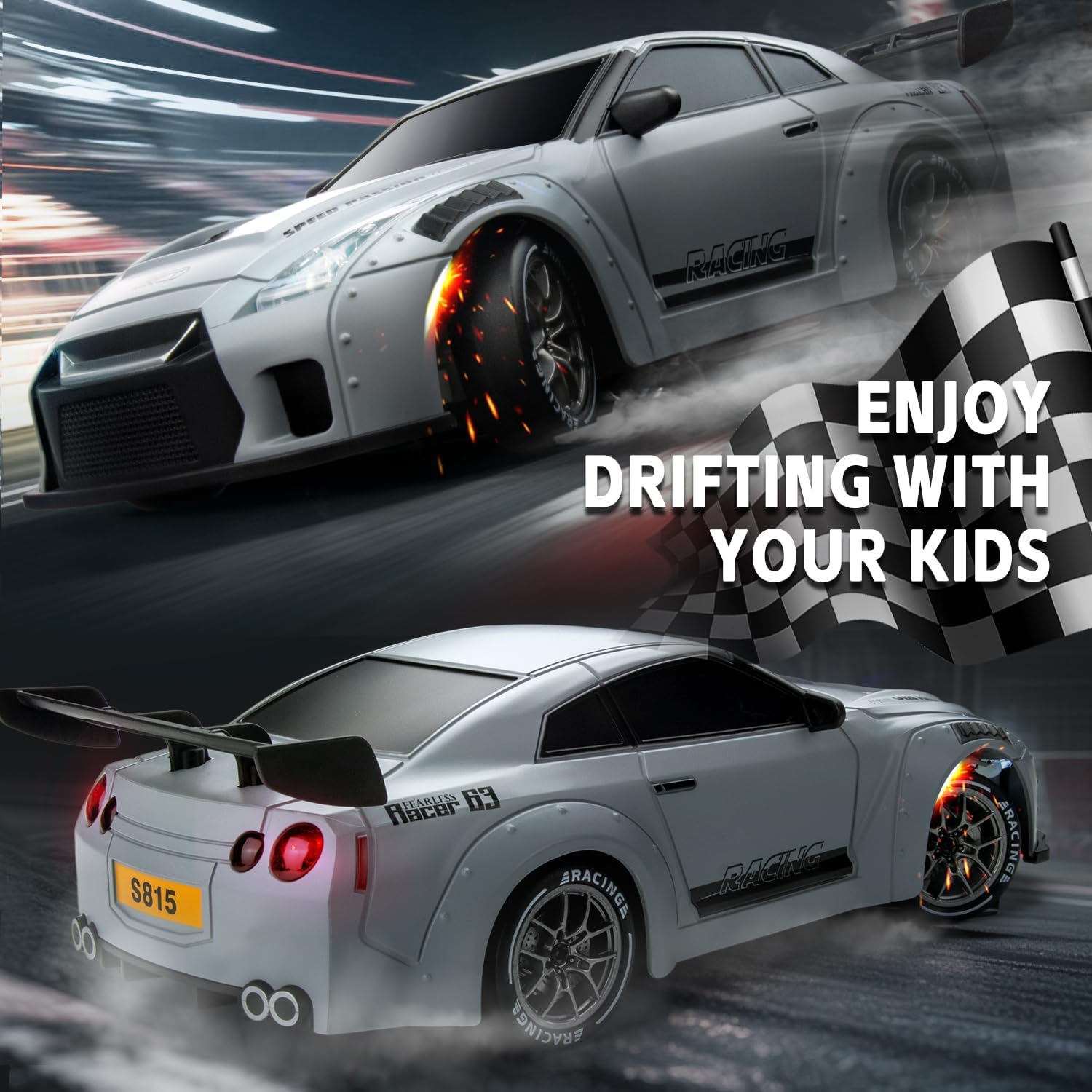 RC Drift Car, 1:24 Scale Remote Control Vehicle with LED Lights, 2.4GHz 20KM/H 4WD High Speed RC Cars, Drifting Tires＆Two Batteries, Racing Sports Toy Idea Gift for Adults Boys Girls and Kids