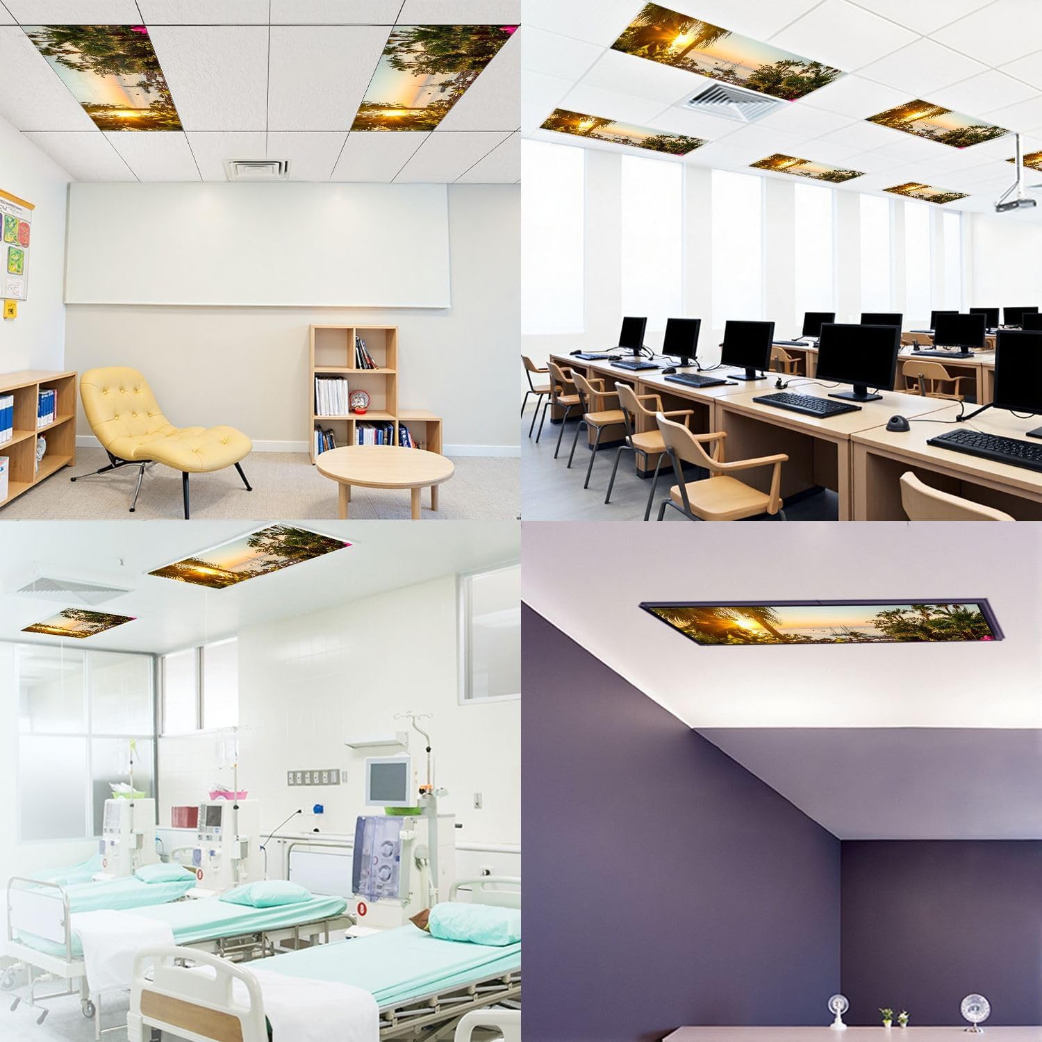 Fluorescent Light Covers for Ceiling Lights Scenic Sunset Palm Trees Flowers Easy to Install Magnetic Light Filter for Classroom Office Hospitals School Home Decor