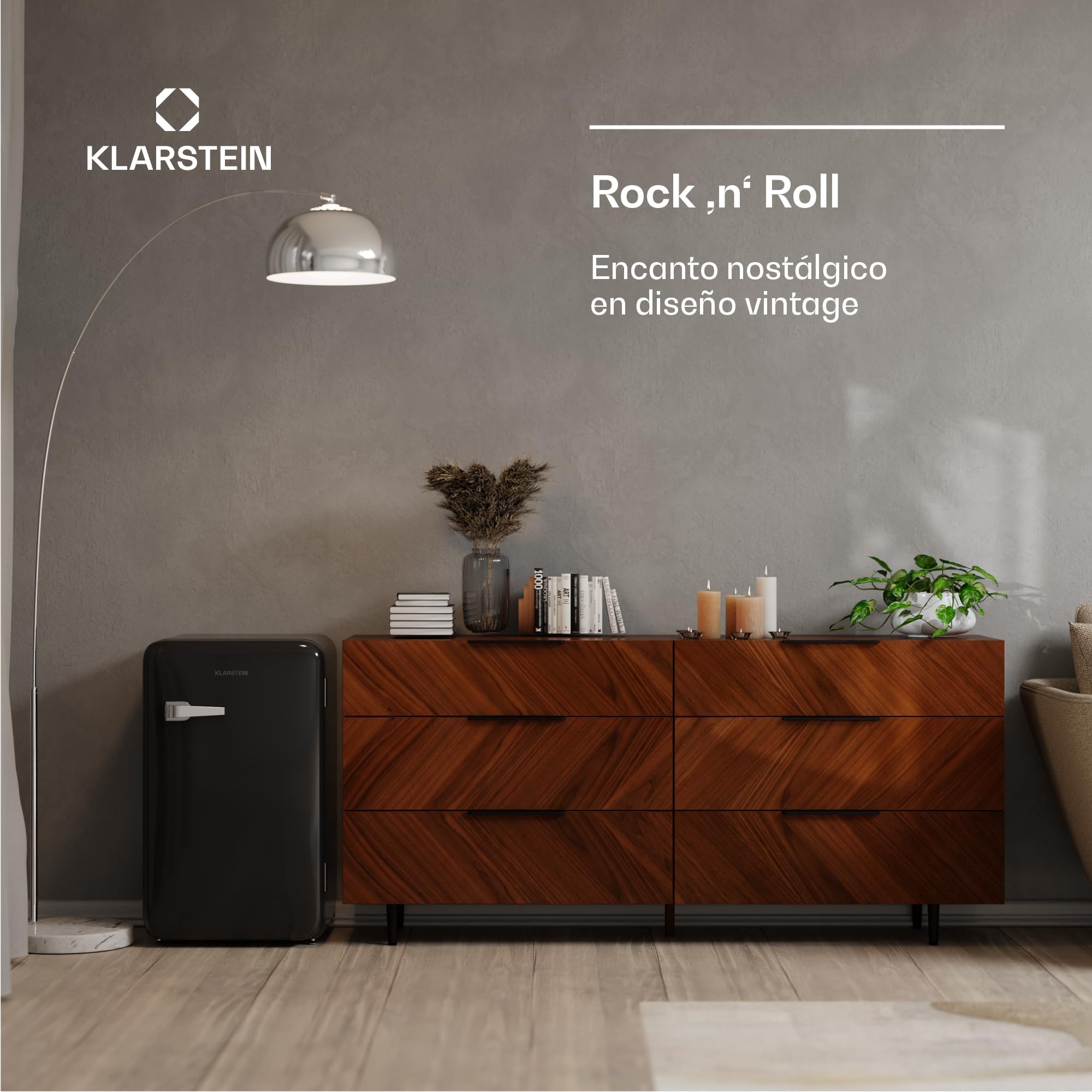 KLARSTEIN Audrey Evo 90L Mininevera Retro - Silenciosa 40 dB, Termostato Ajustable, Puerta Reversible, Nevera Pequeña para Habitaciones, Oficinas, Negro