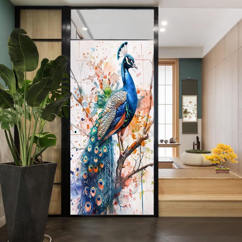 Modern Peacock Window Privacy Film Sticker Colorful Beautiful Elegant Natural Animal Frosted Window Film Stained Glass Adhesive Coverings for Bathroom Living Room 23.6Wx35.4L inch, Style-1