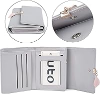 Vista 23 de UTO - Cartera pequeña RFID de piel sintética con dije de hoja, cierre de cremallera y tarjetero.