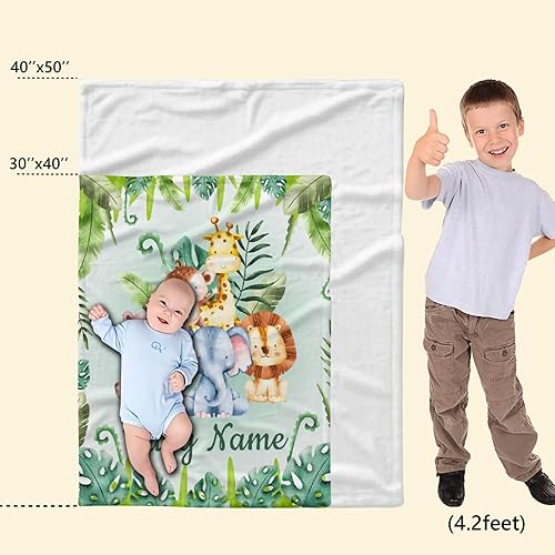 Miniatura 485 de Manta personalizada con diseño de jirafa y elefante, manta de franela suave, acogedora y ligera con nombre para sofá, cama, sofá, regalo, unisex