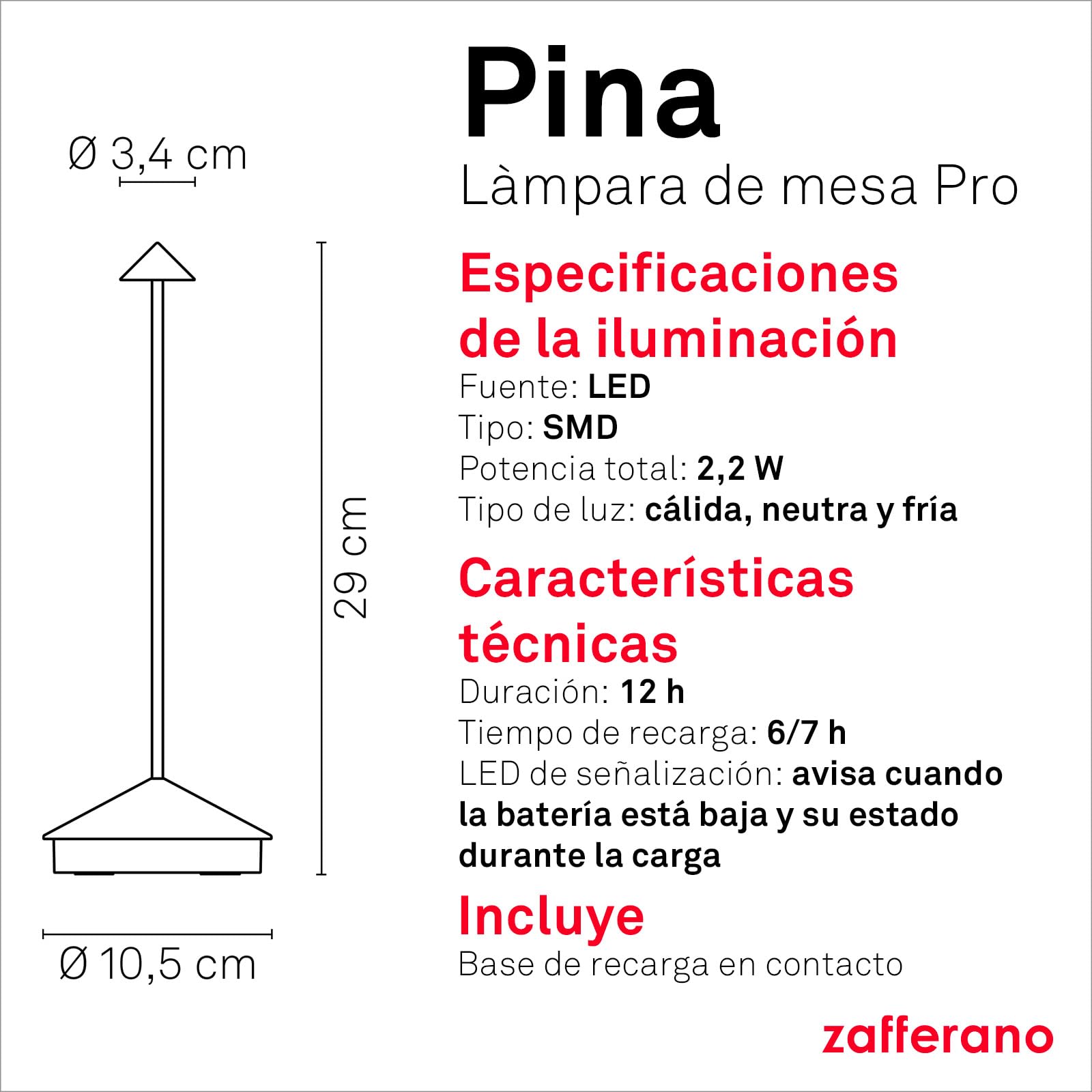 Zafferano, Pina, Lámpara de Mesa Recargable e Inalámbrica con Control Táctil, Adecuada como Lámpara de Exterior, Atenuador, 2200-3000 K, Altura 29 cm, Color Arena