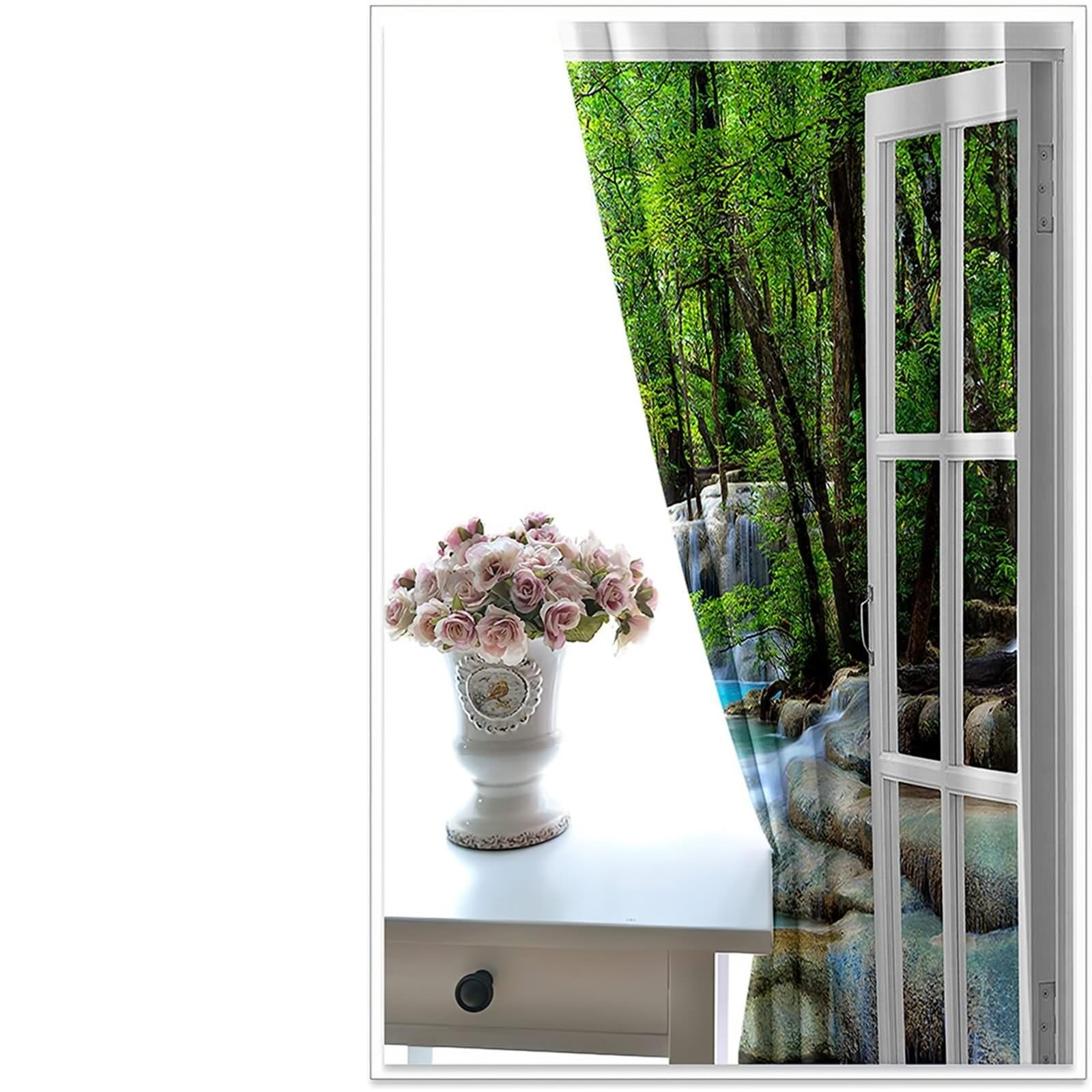 Rideau Boheme Chic, Rideaux Cuisine Vert Blanc Cadre de Fenêtre de Paysage Naturel Polyester 2 Panneaux 192x138cm