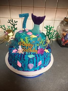 ALISSAR Glitter Mermaid Theme Birthday Cake Topper with Seaweed, Cake Cupcake Toppers for Girls' Mermaid Themed Birthday Cake Party Decorations (White)
