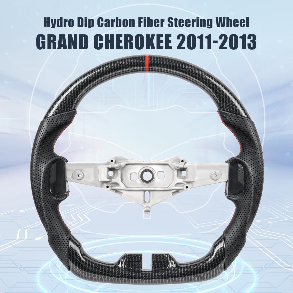 Hydro-Dip Carbon Fiber Steering Wheel for Jeep Wrangler JK JKU 2011-2017, Sport Sahara Rubicon Willys, Red Stripe & Stitching Flat Bottom Perforated Black Leather Sport Grip