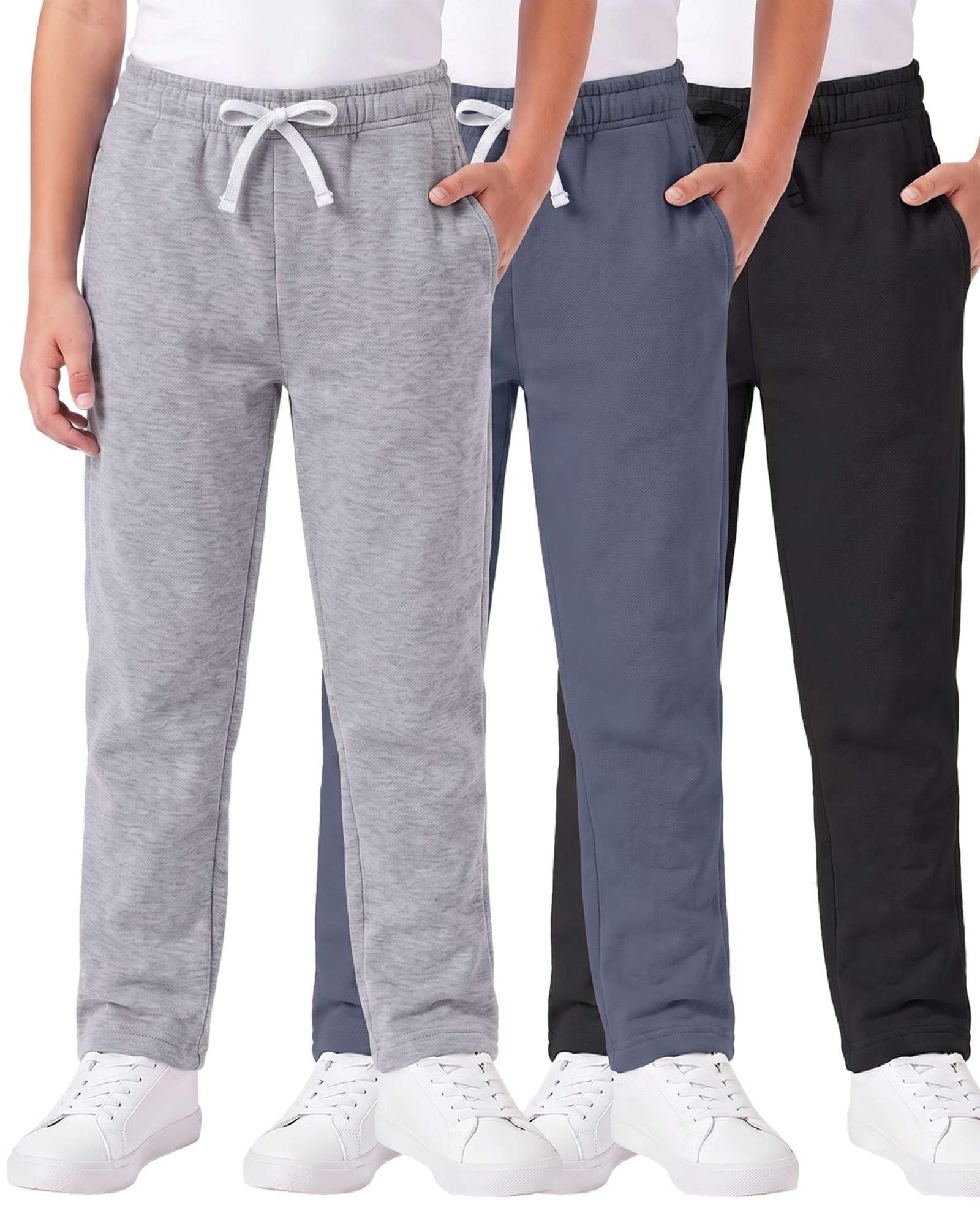 3 Pack Boys' Fleece Sweatpants Open Bottom Athletic Pockets Kids Teen
