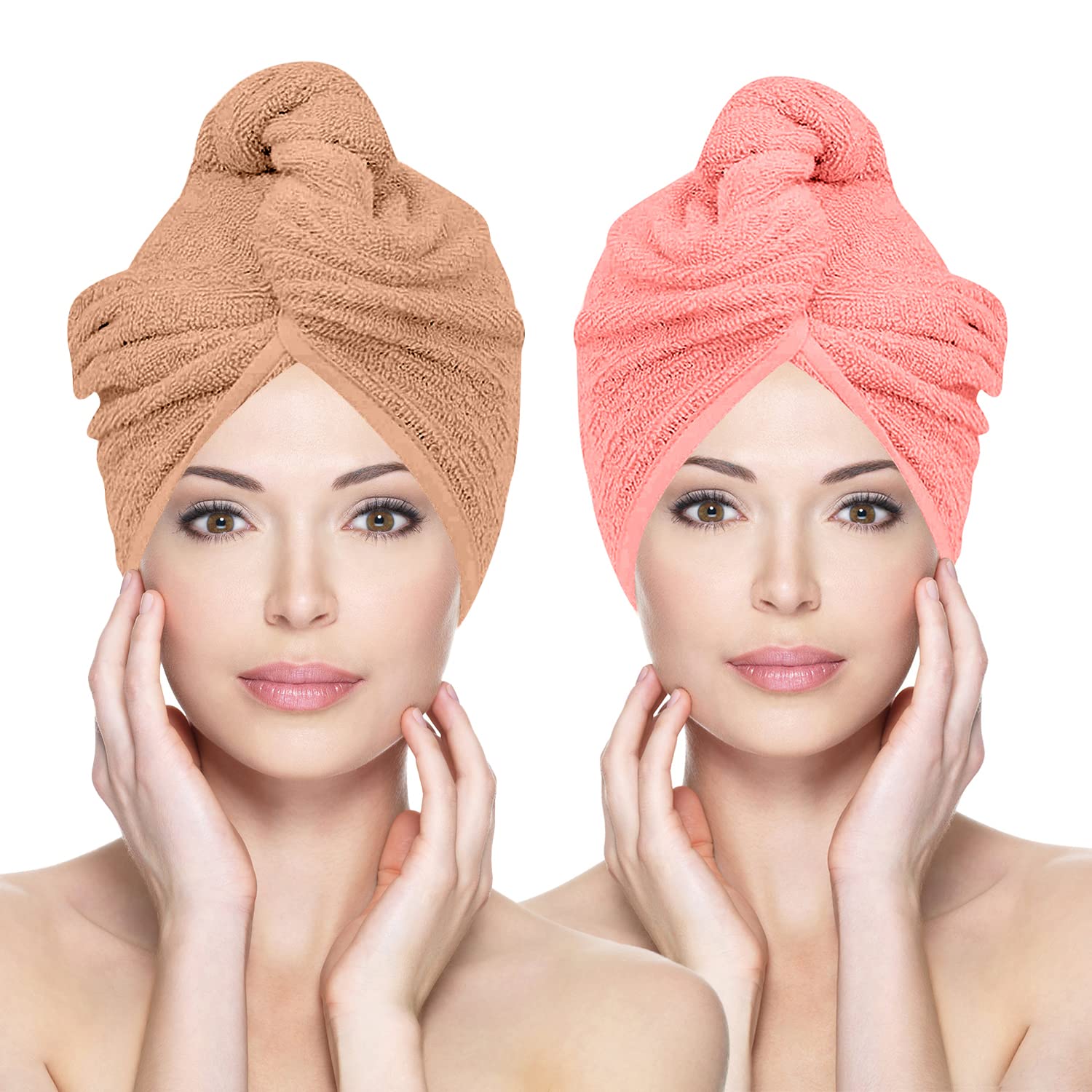 Glamza 2 Pack (Large) - Pink & Nude Microfibre Hair Towel Wrap Super Absorbing Twist Turban Hair Wrap With Buttons For Fast Drying Hair (2 Pack (Large) - Pink & Nude)