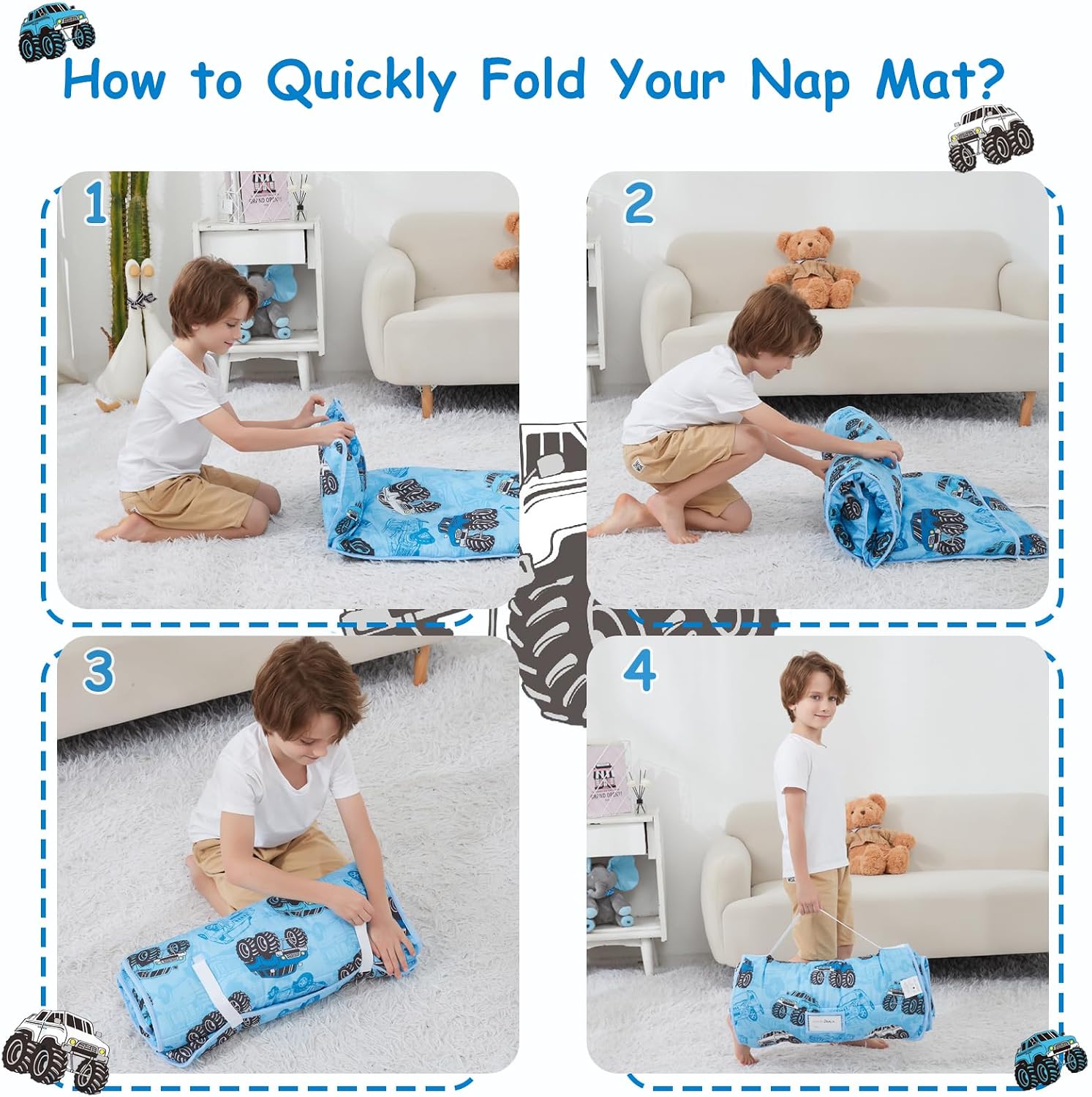 Toddler Nap Mat, Kids Sleeping Bag with Pillow & Minky Blanket, Boys Girls Extra Large Rolled Nap Mats for Preschool Daycare Camping Kindergarten