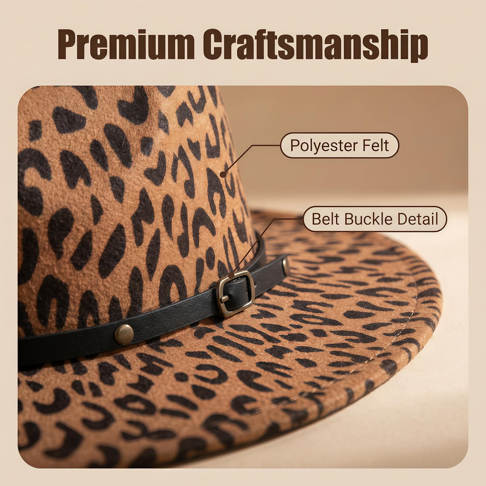 Chapeau Fedora unisexe imprimé léopard large bord feutre Trilby Panama Church Derby Cap avec boucle de ceinture (Kaki)