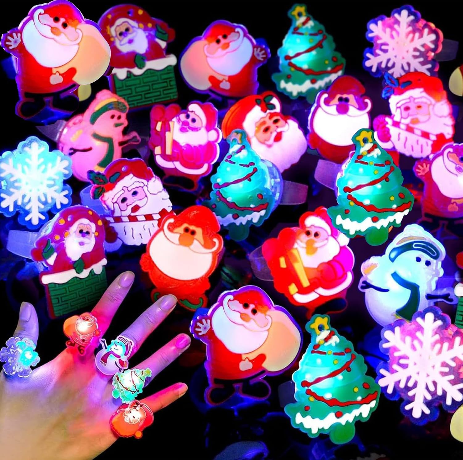 CCINEE 50pcs Christmas Light Up Rings Xmas Santa Sowflake LED Flash ...