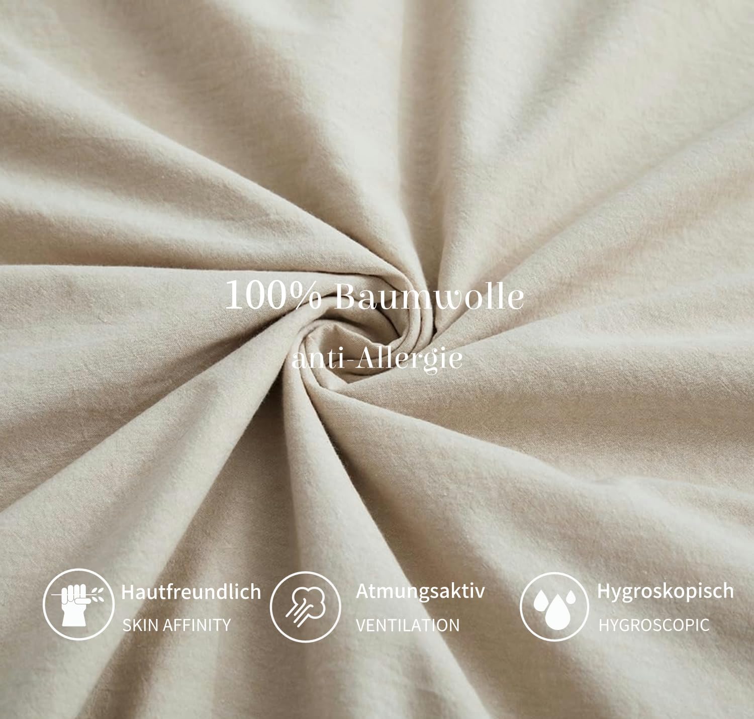 Boqingzhu Baumwolle Bettwäsche 200x200cm Beige Creme Taupe Einfarbig Uni Ästhetik Doppelbett Weich Renforce Baumwollbettwäsche Bettbezug 200x200cm und 2 Kissenbezüge 80x80cm mit Reißverschluss