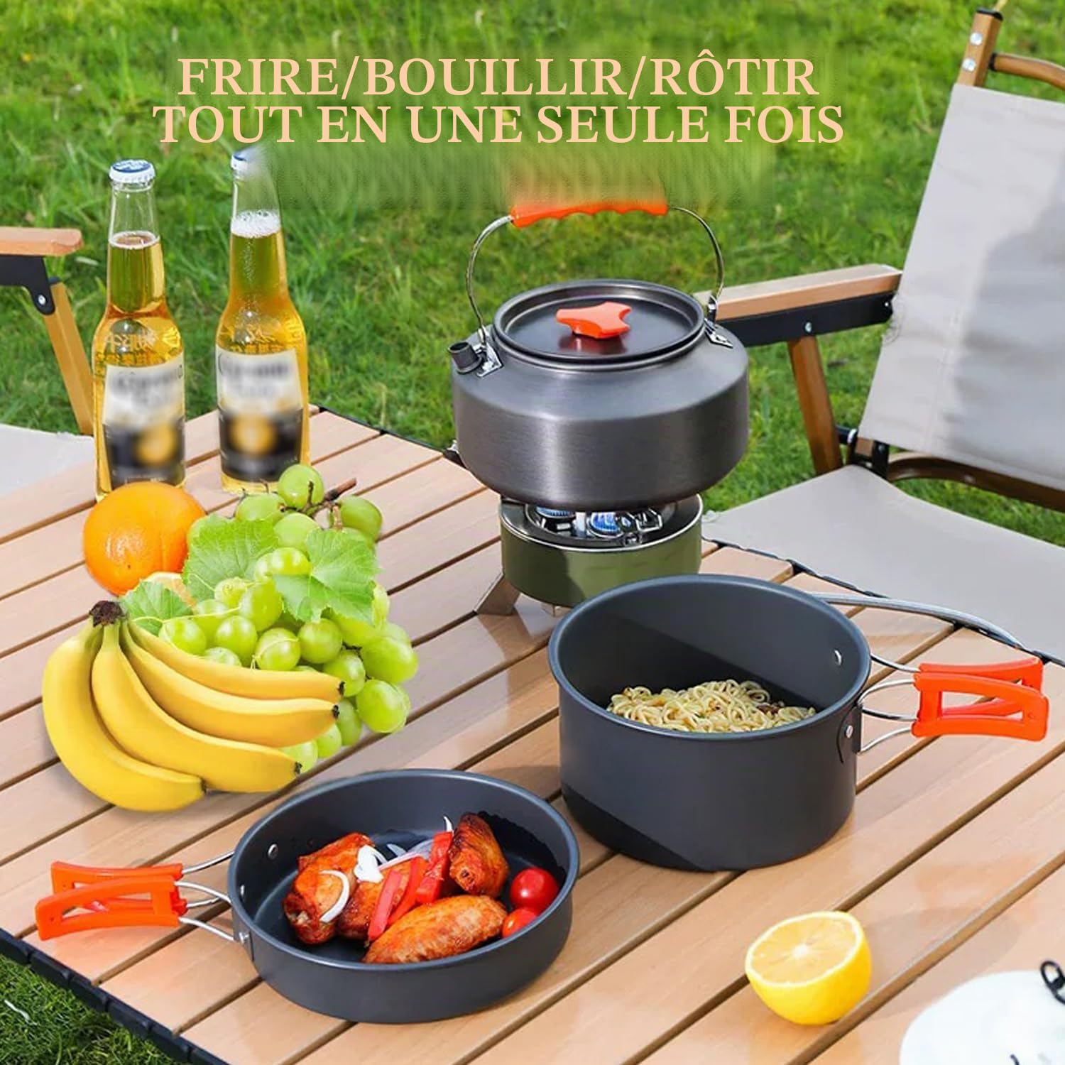 10pcs Kit de Casseroles Camping, Batterie de Cuisine Extérieure avec Casseroles, Bouilloire, Casseroles et Spatule pour Camping, Randonnée, BBQ