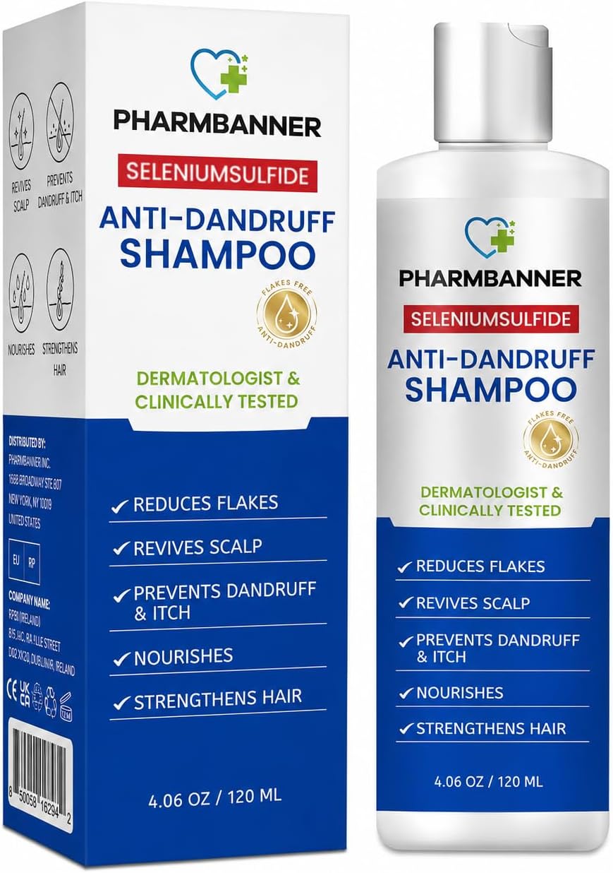 PHARMBANNER Anti-Dandruff Shampoo with Selenium Sulfide: For Flaky Scalp, Itching & Seborrheic Dermatitis Relief - Menthol & Lavender Oil - Moisturizing, Color Safe, Gentle for All Hair Types - 8.4oz