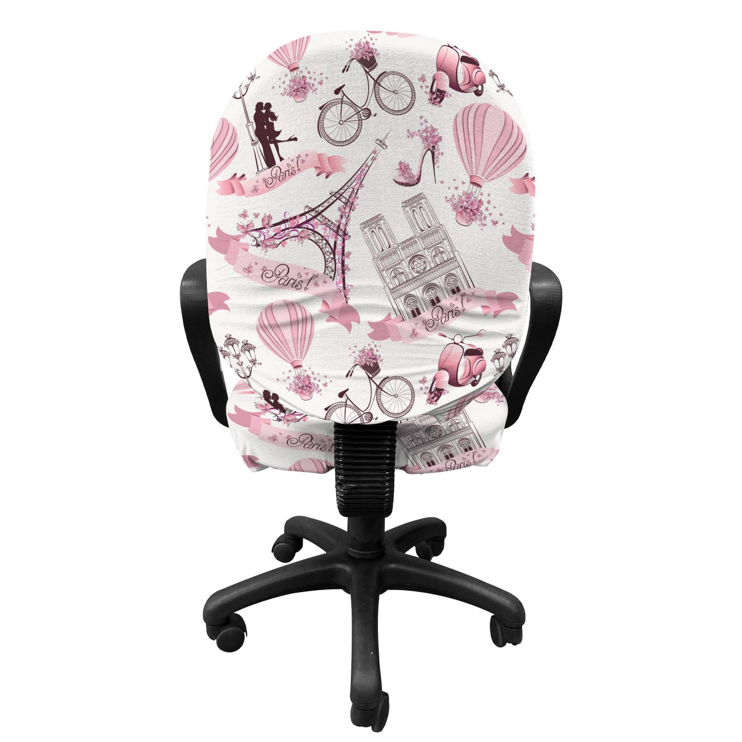 Ambesonne Paris Office Chair Slipcover, Valentines Day Theme with Eiffel Kissing Couple Hot Air Balloon Wedding Concept, Protective Stretch Decorative Fabric Cover, Standard Size, Rose Pink