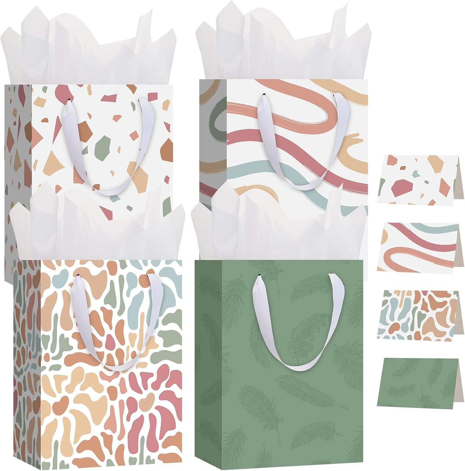 woric 10.6″ Medium Gift Bags with Tissue Paper, 4 Pack Gift Wrap Bag with Greeting Cards for Birthdays Bridal Showers Mothers Day Weddings (10.6×7.87×4.7in)