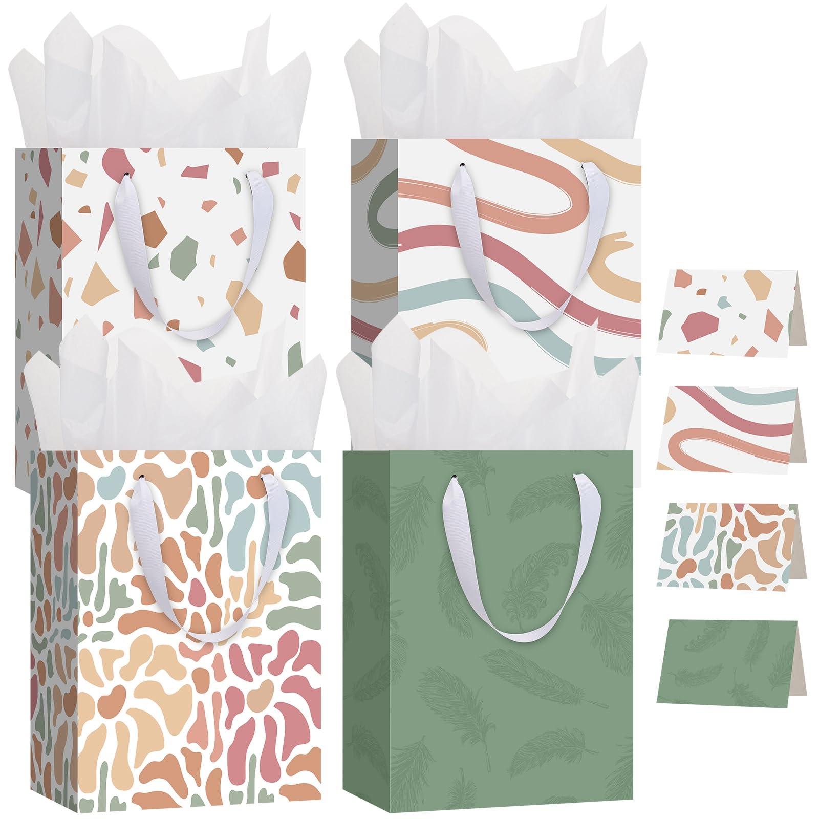 woric 10.6" Medium Gift Bags with Tissue Paper, 4 Pack Gift Wrap Bag with Greeting Cards for Birthdays Bridal Showers Mothers Day Weddings (10.6x7.87x4.7in)