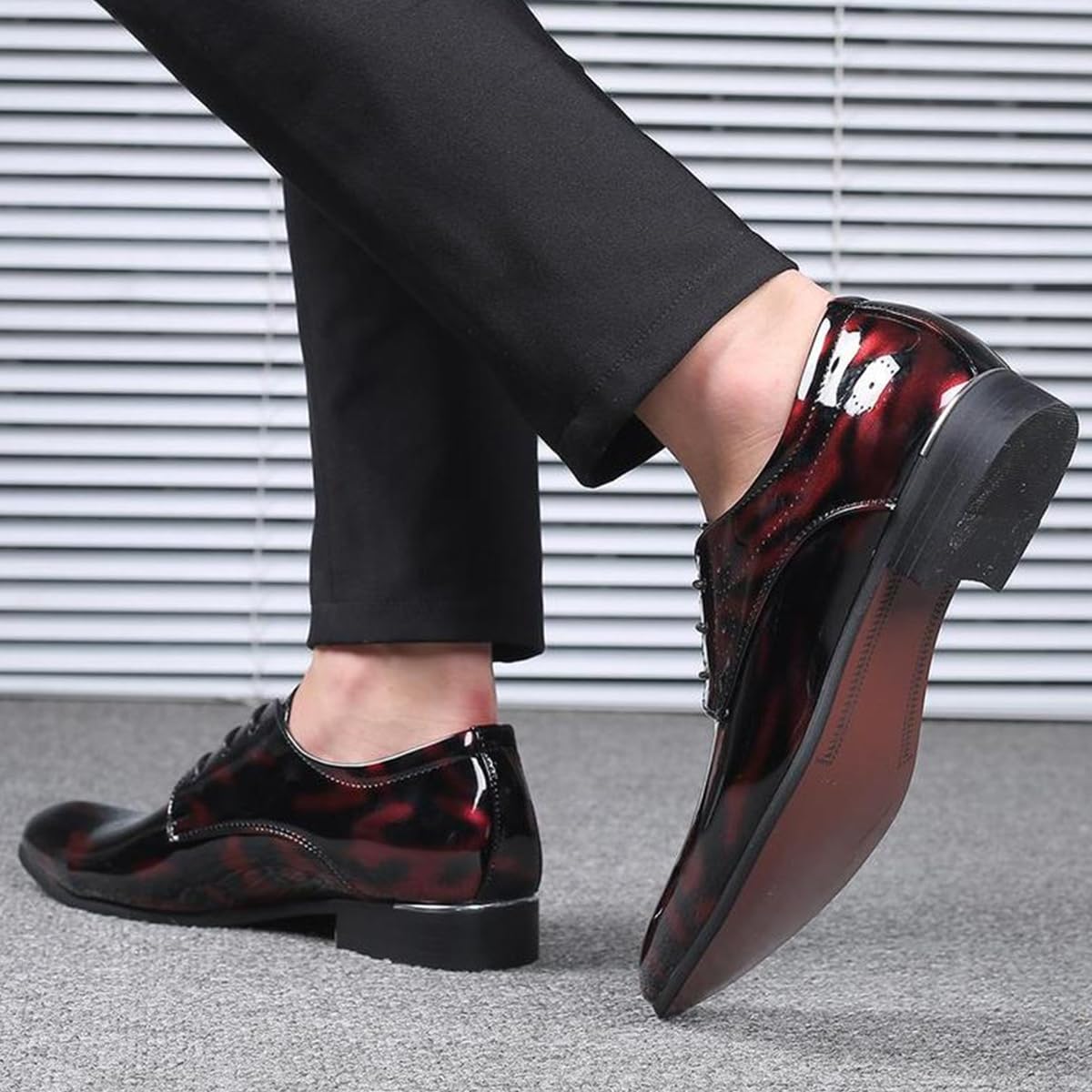 Zapatos De Vestir Cuero Hombre con Cordones - Zapatos De Oxfords Punta Afilada - Charol Estampado Floral for Negocios, Bodas, Fiestas y la Oficina