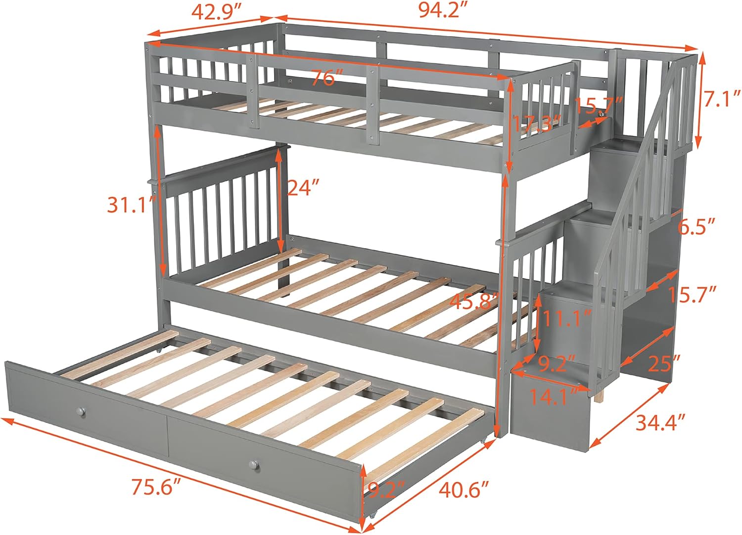 Twin Over Twin Bunk Bed with Trundle & Stairway, Solid Wood Bunk Beds with Storage and Guard Rail for Bedroom, Save Space, Gray