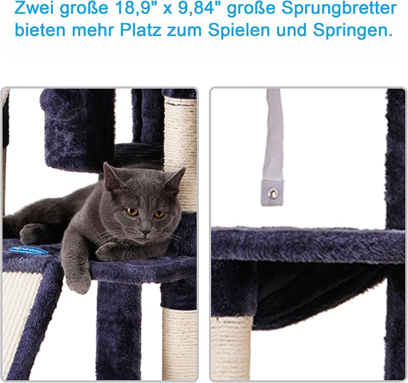 Hey-brother 180 cm XXL macskakarcsoló, szürke, sisal kötéllel, 3 platformmal és 2 házikóval