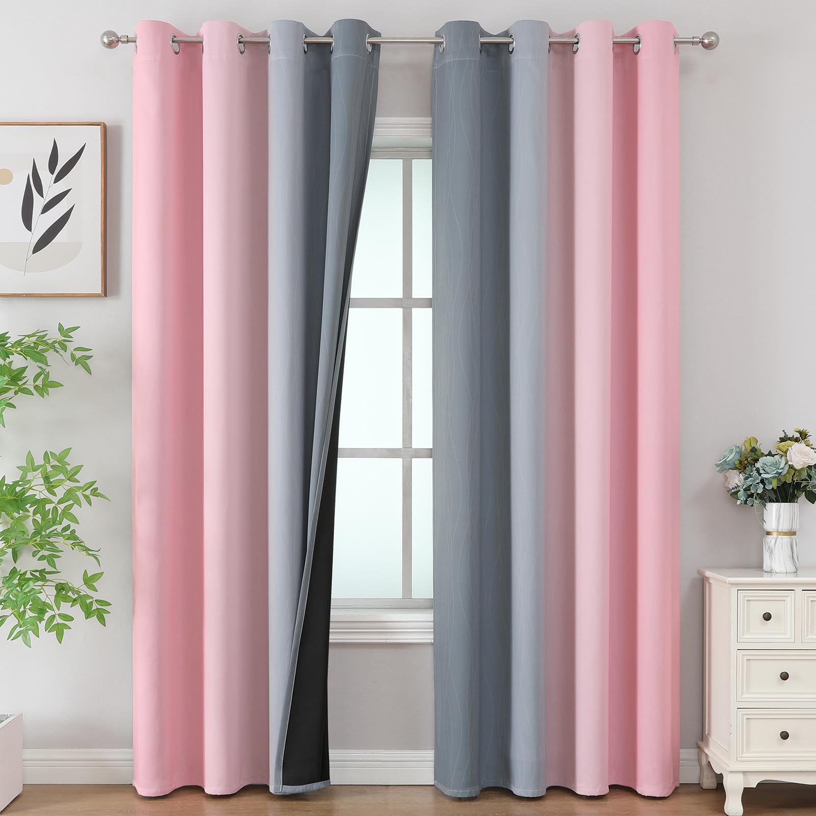 Pink and Grey Blackout Curtains 84 inch Length,Ombre Full Room Darkening Window Curtains for Living Room,Grommet Thermal Insulated Drapes,Light Blocking Curtains for Girls Bedroom,52x84 Inch, 2 Panels