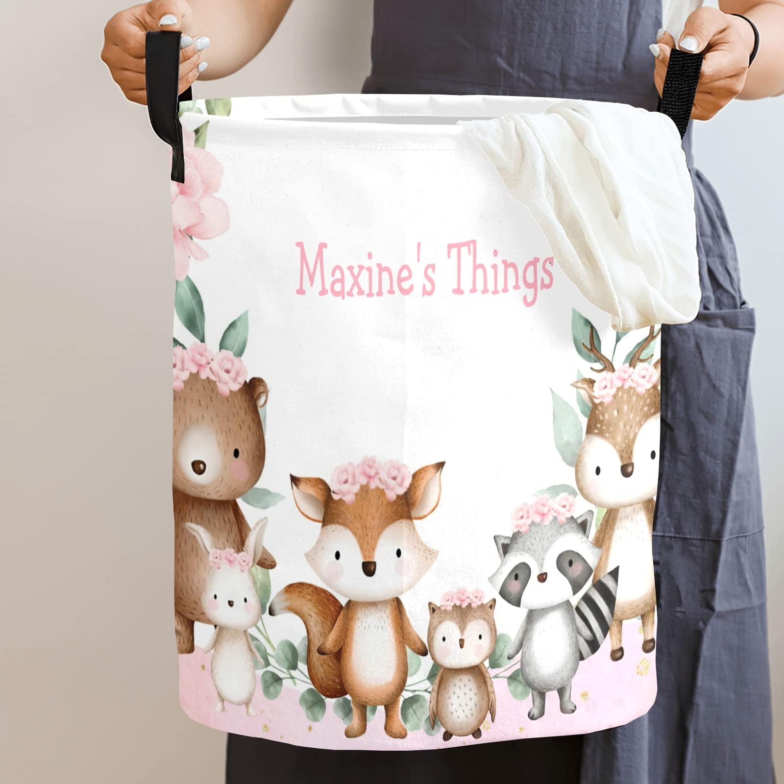 Personalized Laundry Basket, Woodland Animals Pink Floral Custom Storage Bins Laundry Hamper with Name Collapsible Toys Organizer
