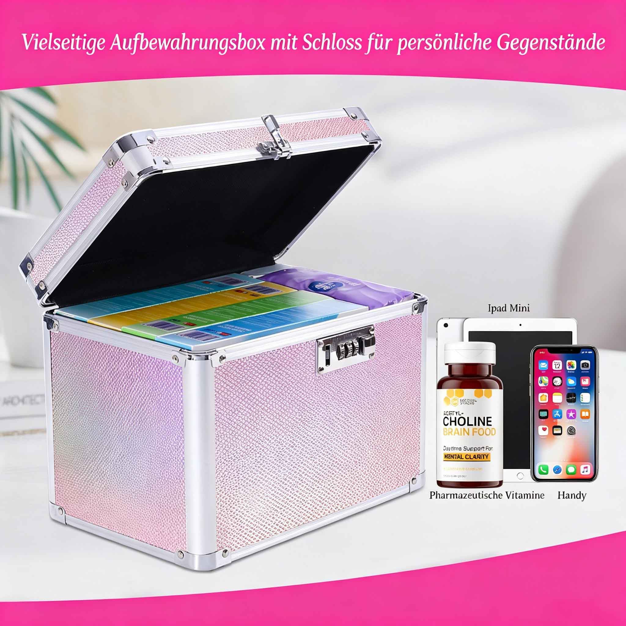 Aufbewahrungsbox mit Zahlenschloss, Abschließbare, Aluminium-Rahmen, 26x18x20 cm, für Medikamente, Dokumente und Wertsachen, Tresor Kinder (Holografik-Pink)