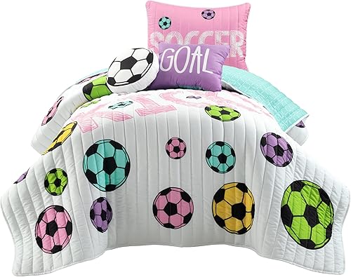 Miniatura 10 de Lush Decor Juego de edredón reversible de 4 piezas de Soccer Kick para niñas, tamaño individual, blanco y turquesa
