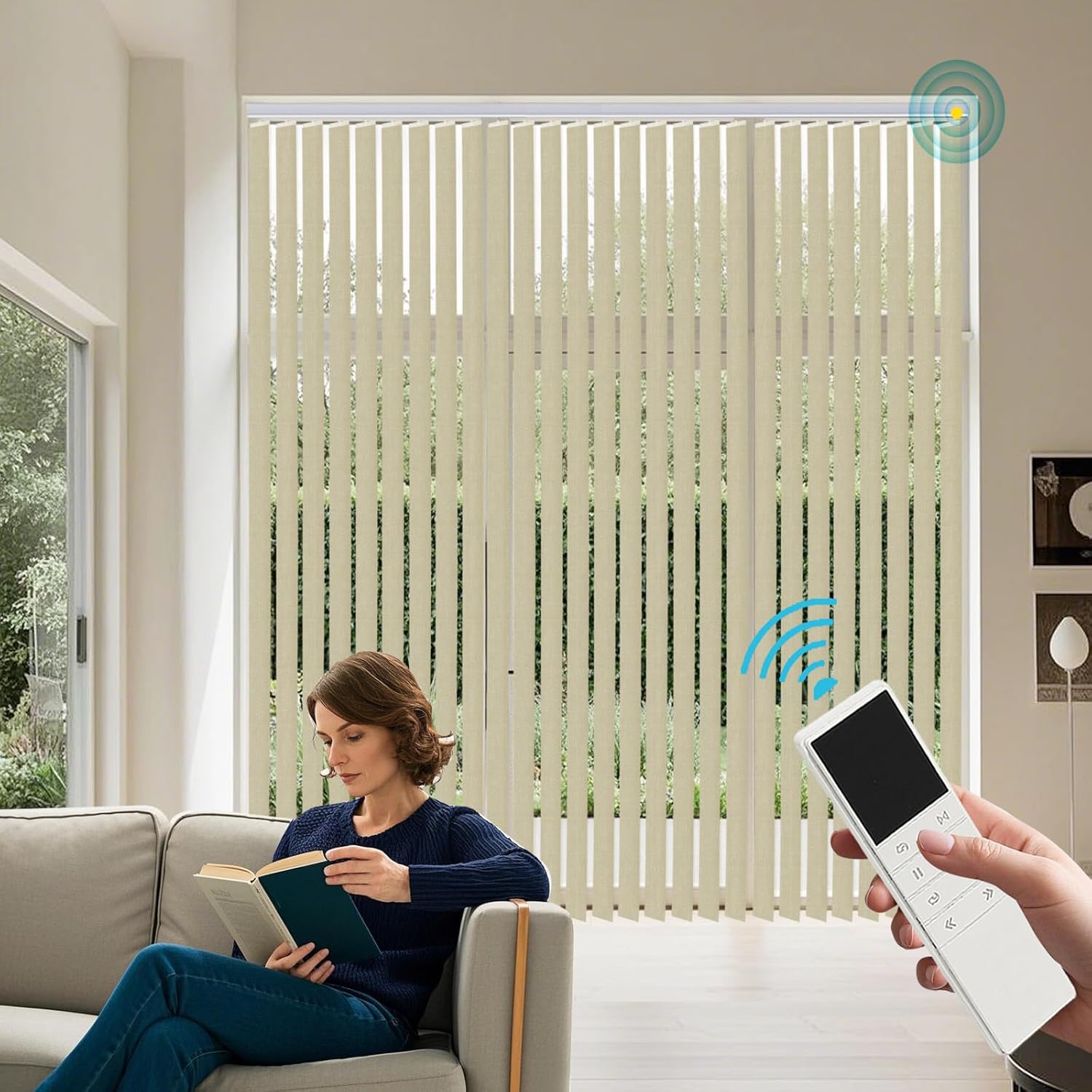 Motorized Cordless Vertical Blinds Window Shades, Hemp Coffee Custom Light Filtering Door Blinds UV Protection Noise Reduce Remote Control Vertical Shades for Windows