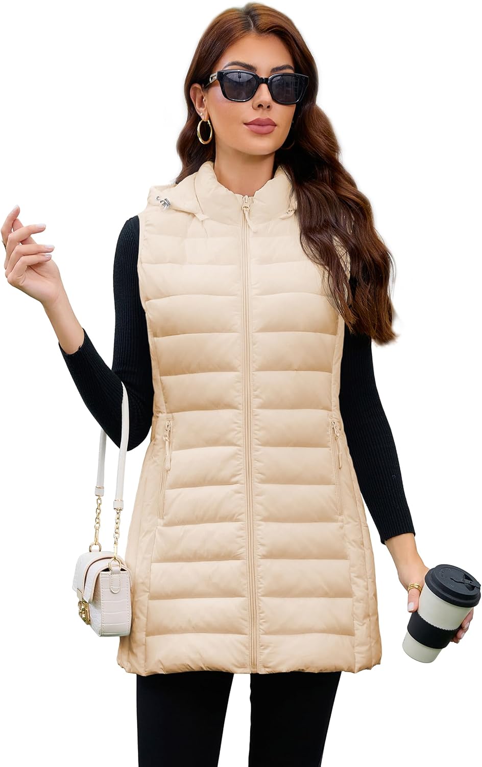 Long Puffer Vest for Women with Hood Lightweight Packable Sleeveless Vest for Spring, Fall & Winter