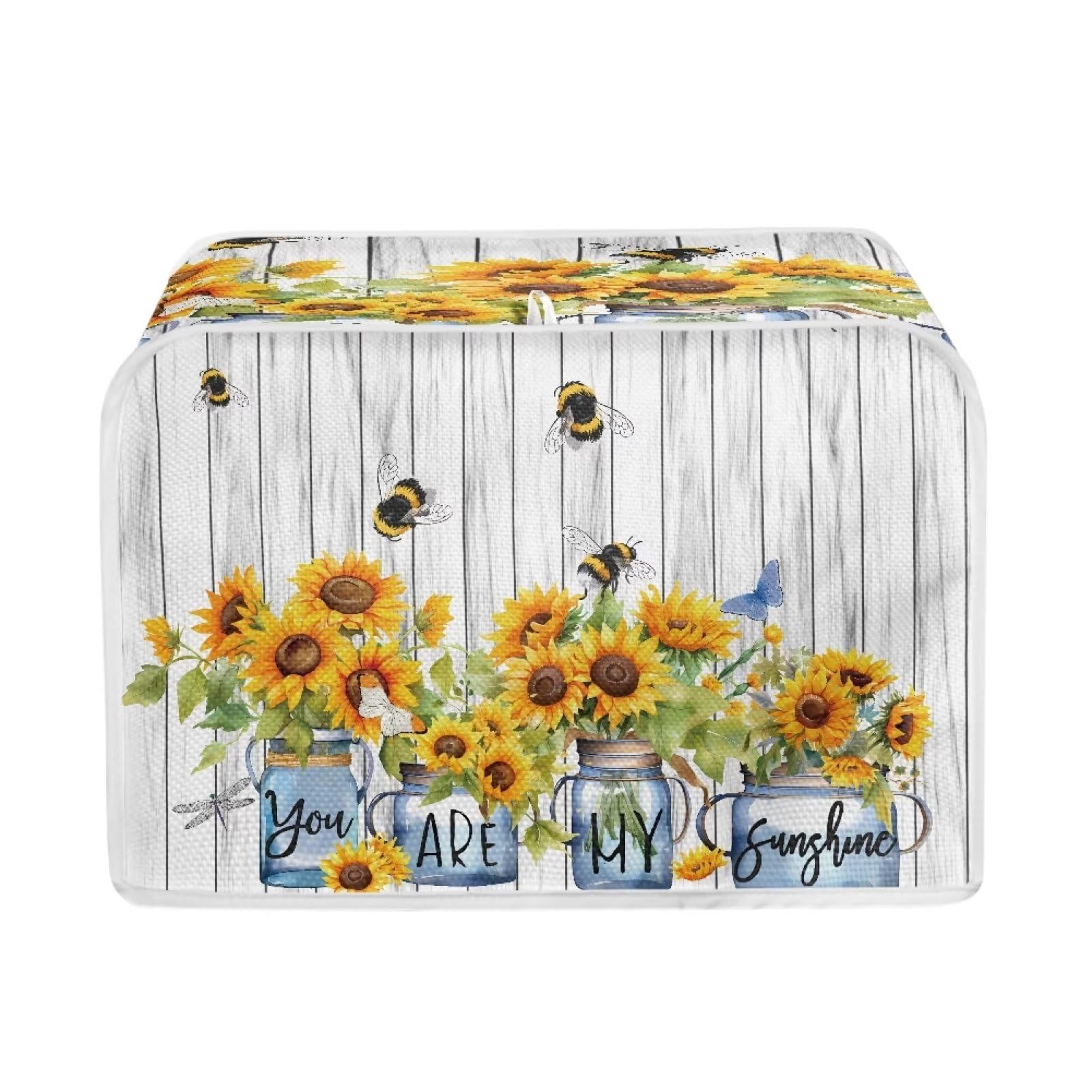 JSLXYYBQ Sunflower Toaster Cover for 4 Slice, Small Kitchen Appliance, Summer Flower Bee Farmhouse Wooden Striped Toaster Oven With Loop, Bread Machine Polyester Dust Protection