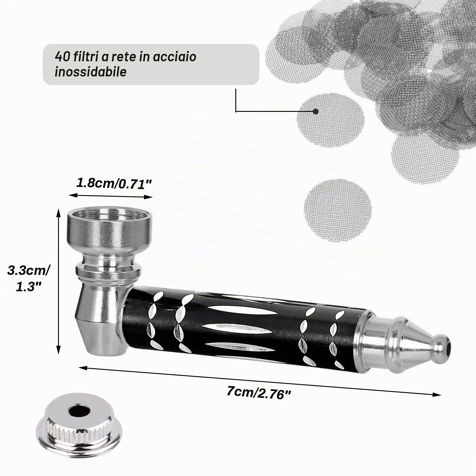 1 pezzi Mini Pipa per Tabacco, Metallo Portabile Pipa con 20 Filtri a Schermo, Smontabile Pipa Tascabile Regalo per Papà Marito Fidanzato (Nero)
