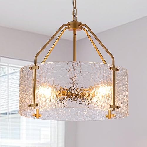 Glass Drum Gold Chandelier for Dining Room 18'' Entryway Light Fixture 4-Light Kitchen Chandeliers Over Table Bedroom Light Fixture for Living Room Hallway Foyer Kitchen