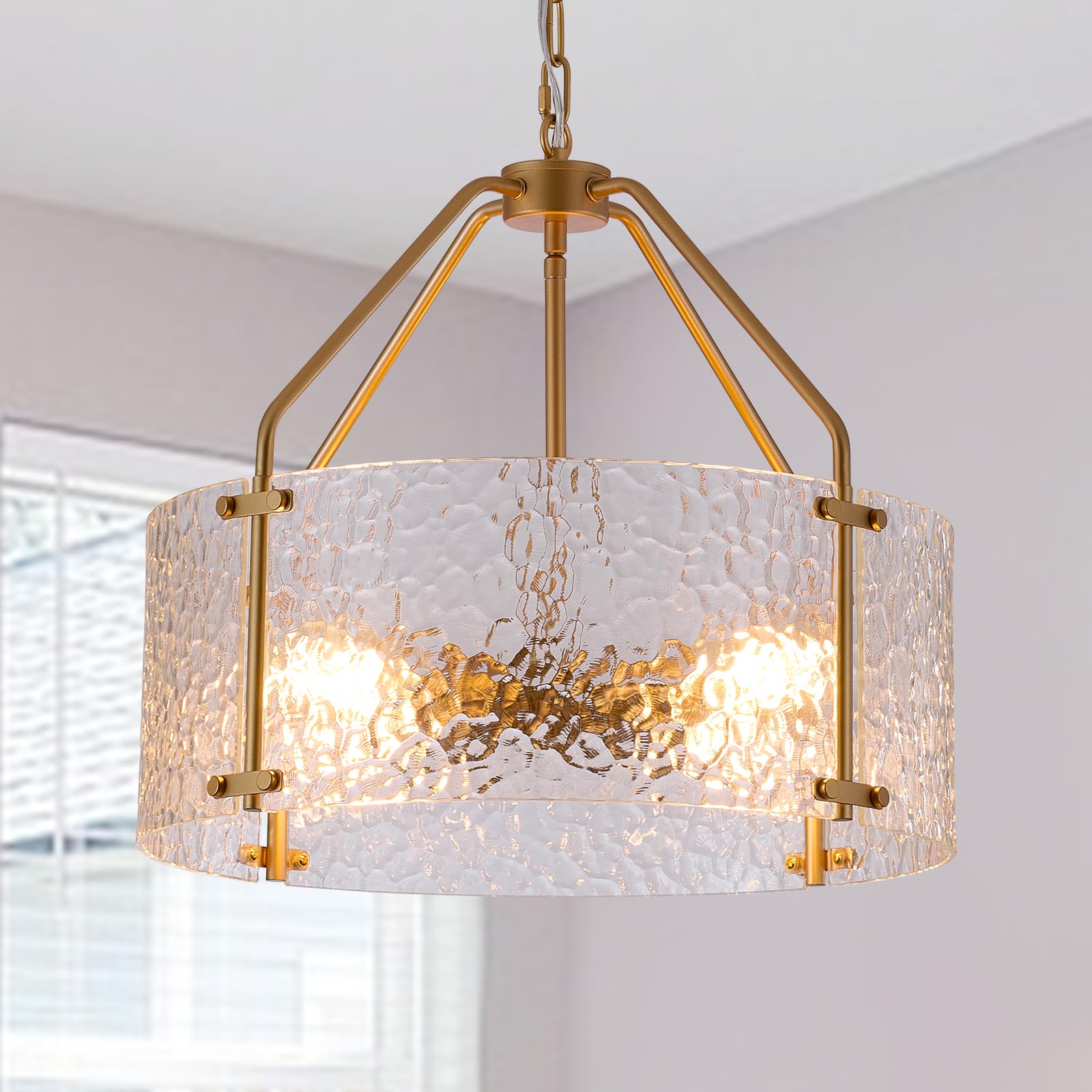 Blhxian Glass Drum Gold Chandelier for Dining Room 18'' Entryway Light Fixture 4-Light Kitchen ...