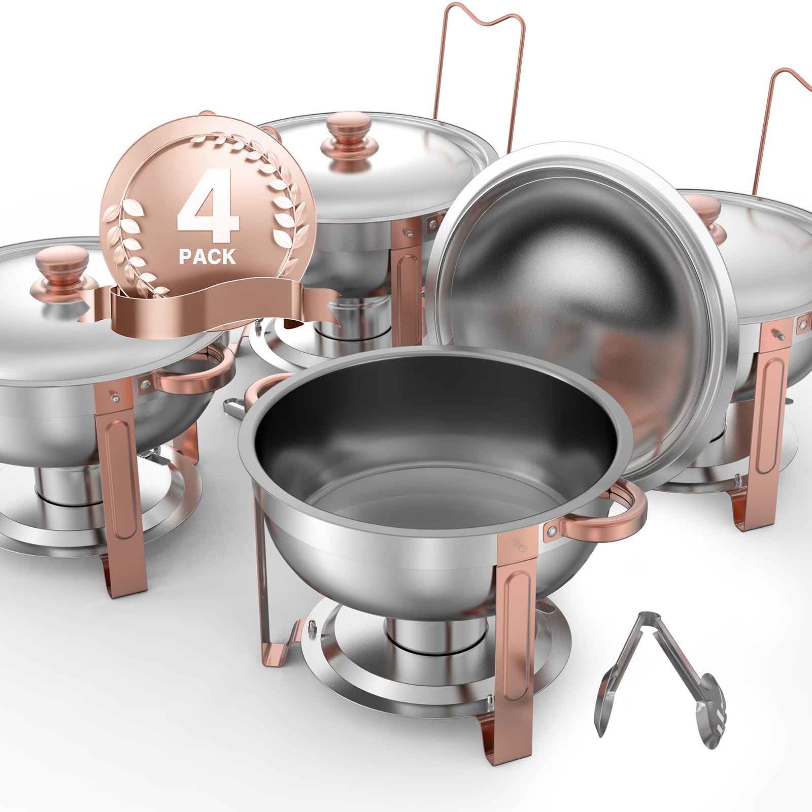VEVOR Scaldavivande per Buffet con 4 Padelle Full Size Dispenser di Calore Rotondo per Catering con Coperchio, Porta Carburante e Vaschetta per l'Acqua per Matrimoni, Feste, Oro Rosa 4,7 L